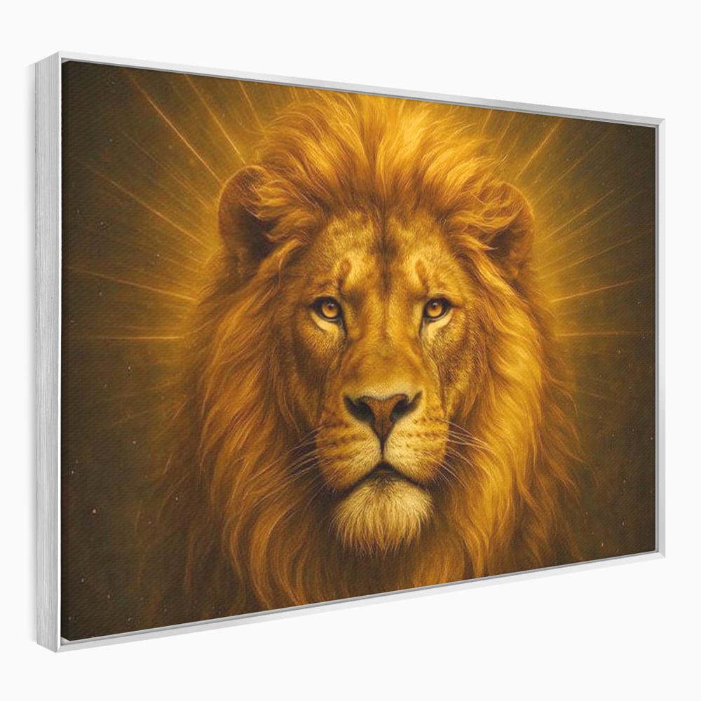 Tablou canvas cu tablou canvas cu portret de leu, in rama de aluminiu argintiu